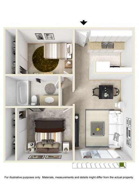 Floor plan for 2 beds, 1 bath, 950 sqft